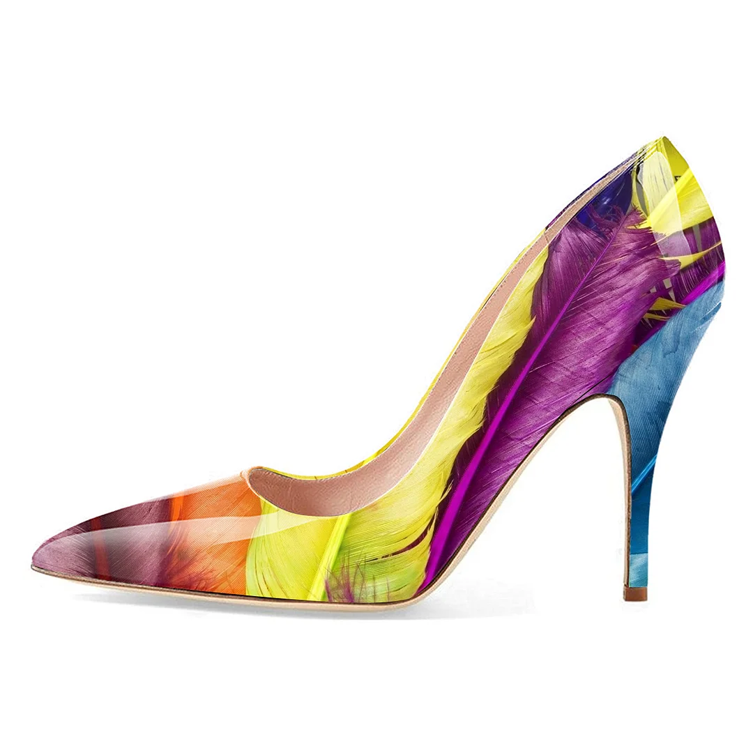 Colorful Feather Printed Patent Leather Pumps with Stiletto Heel