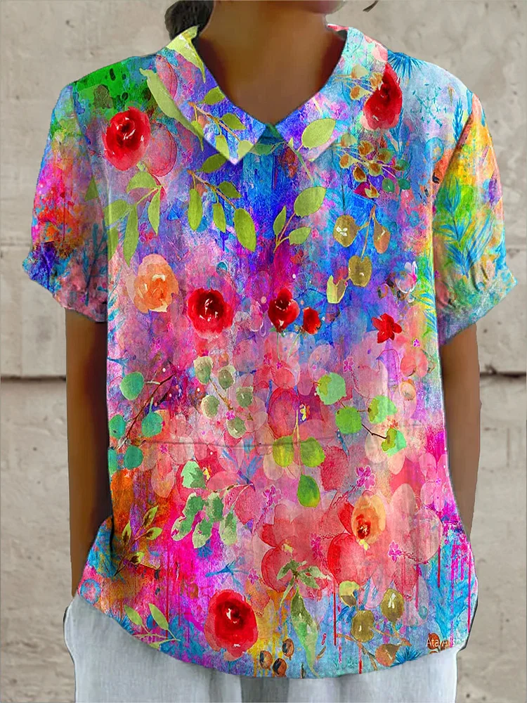 Women's Colorful Flower Art Print Casual Cotton And Linen Shirt