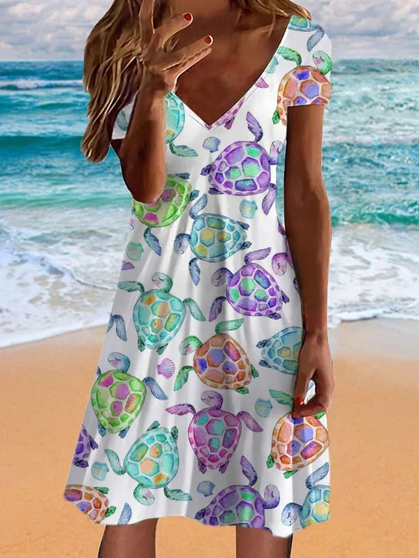 V Neck Sea Turtle Print Dress