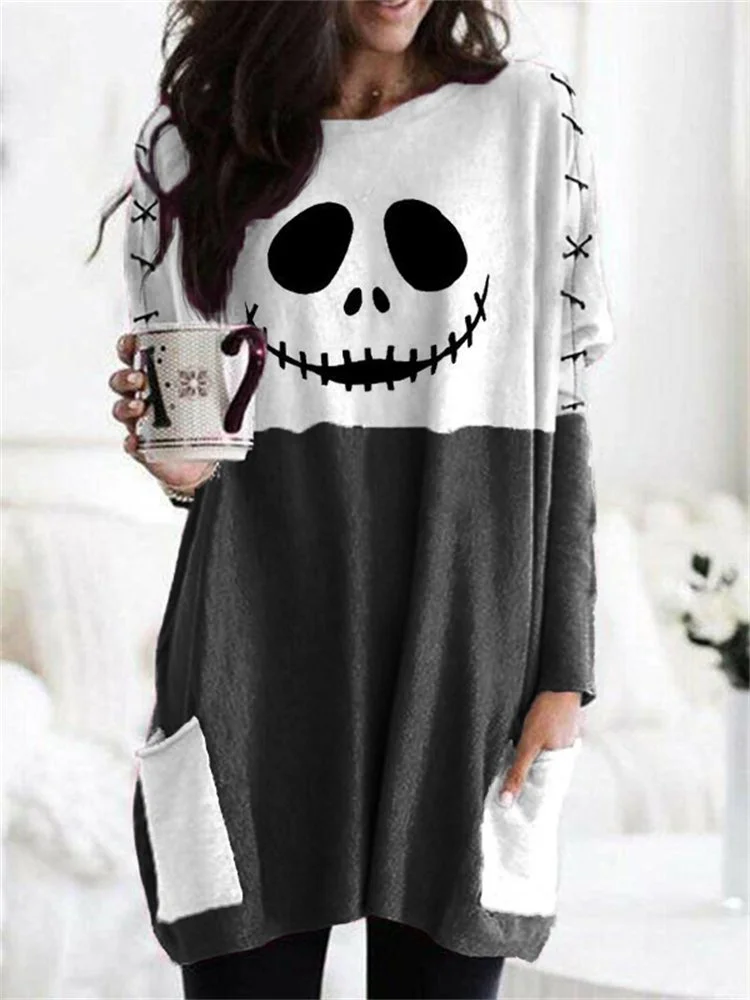 Halloween Ghost Face Stitch Contrast Color T-shirt