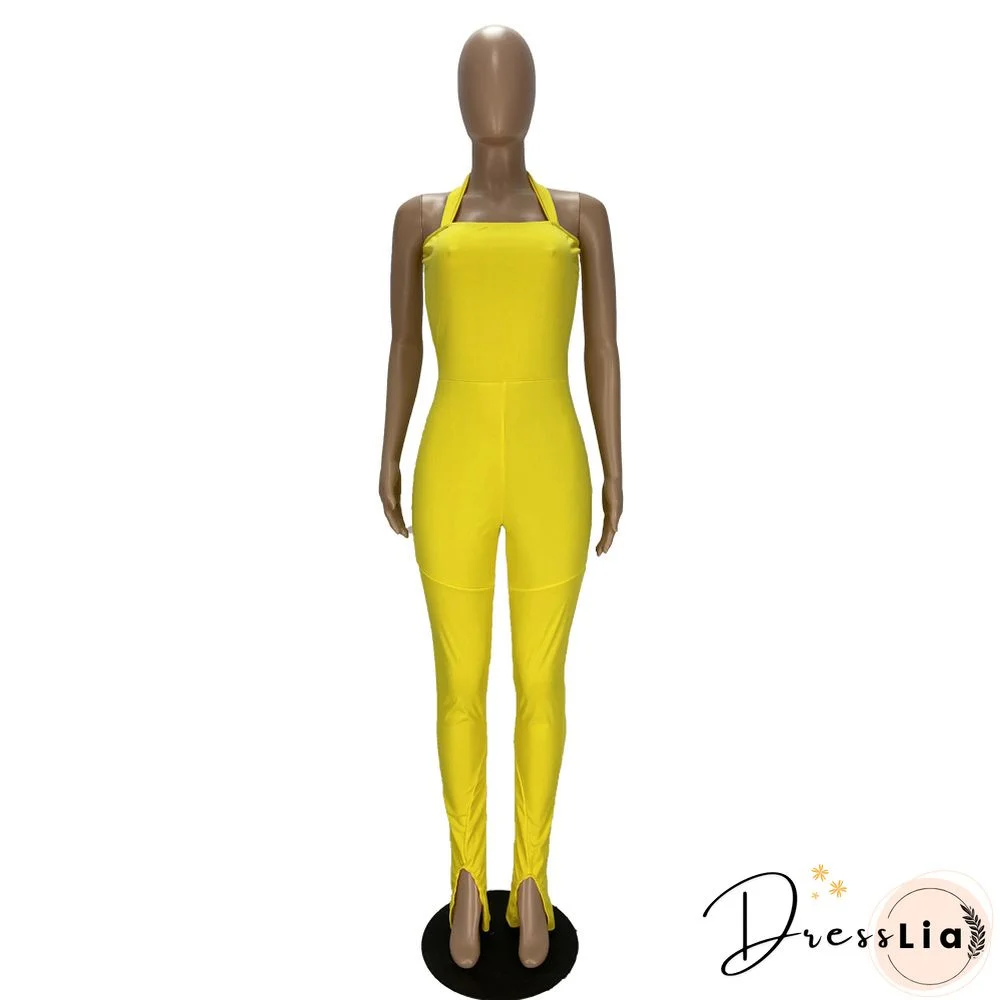 Women Solid Color Sportswear Sleeveless Halter Bodycon Jumpsuits