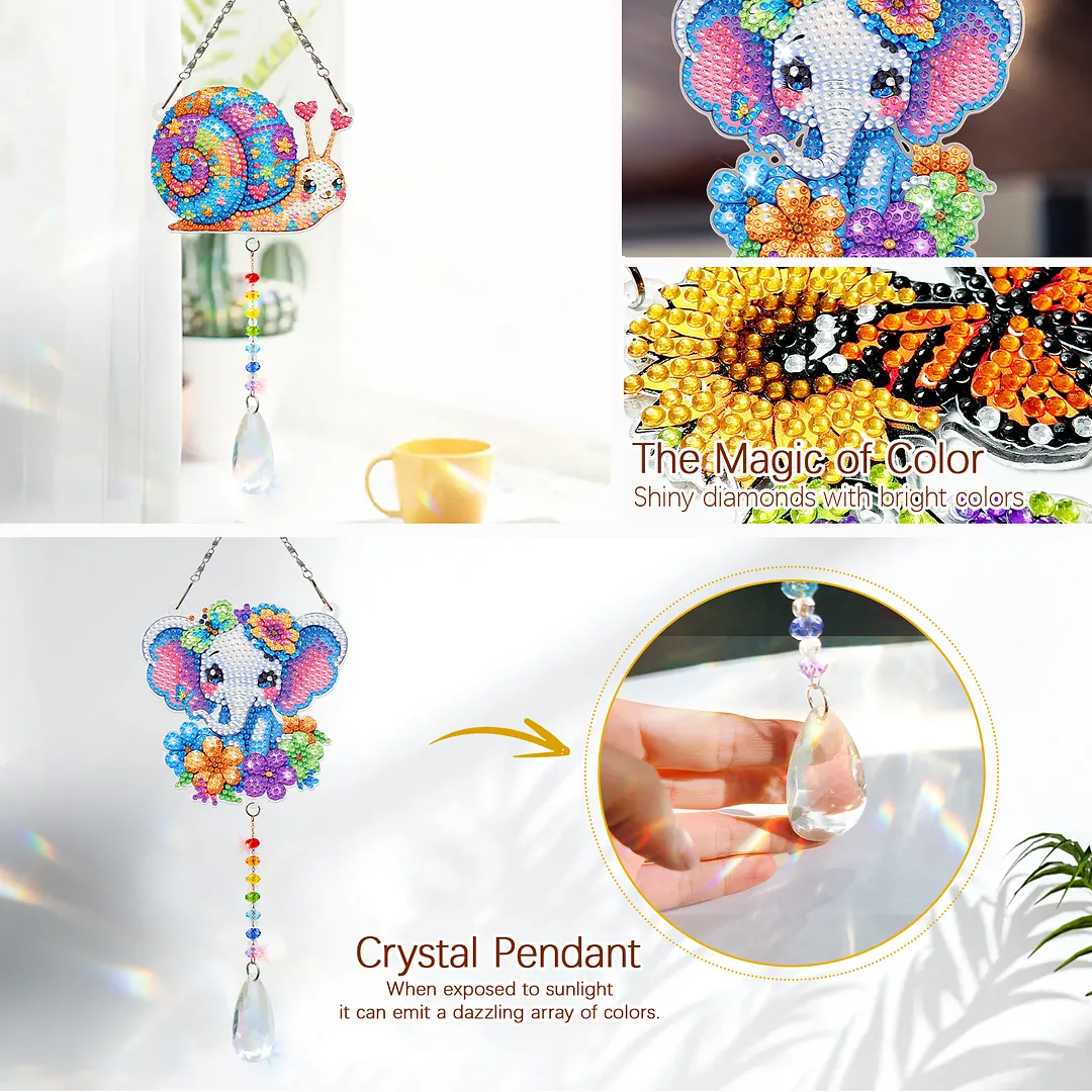 2Pcs Snails and Elephants DIY Double-Sided Diamond Painting Hanging Kits Diamond Painting Suncatcher Craft Kit for Home Garden Wall Decor Gift