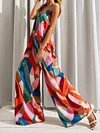Spaghetti-Neck Contrast Color Backless Loose Jumpsuit