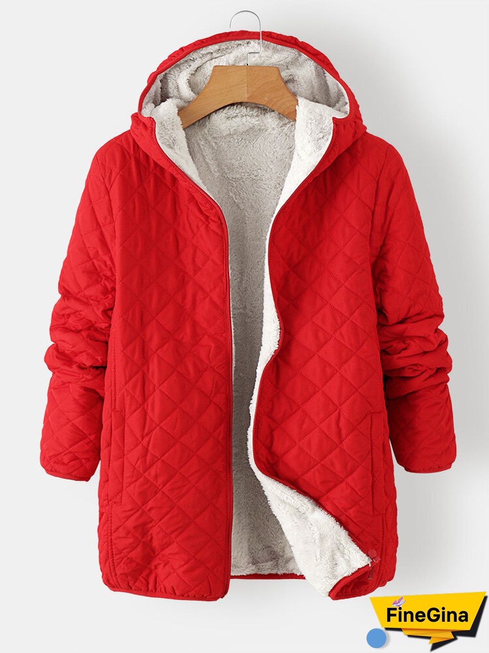Solid Plush Zip Front Pocket Hooded Long Sleeve Coat