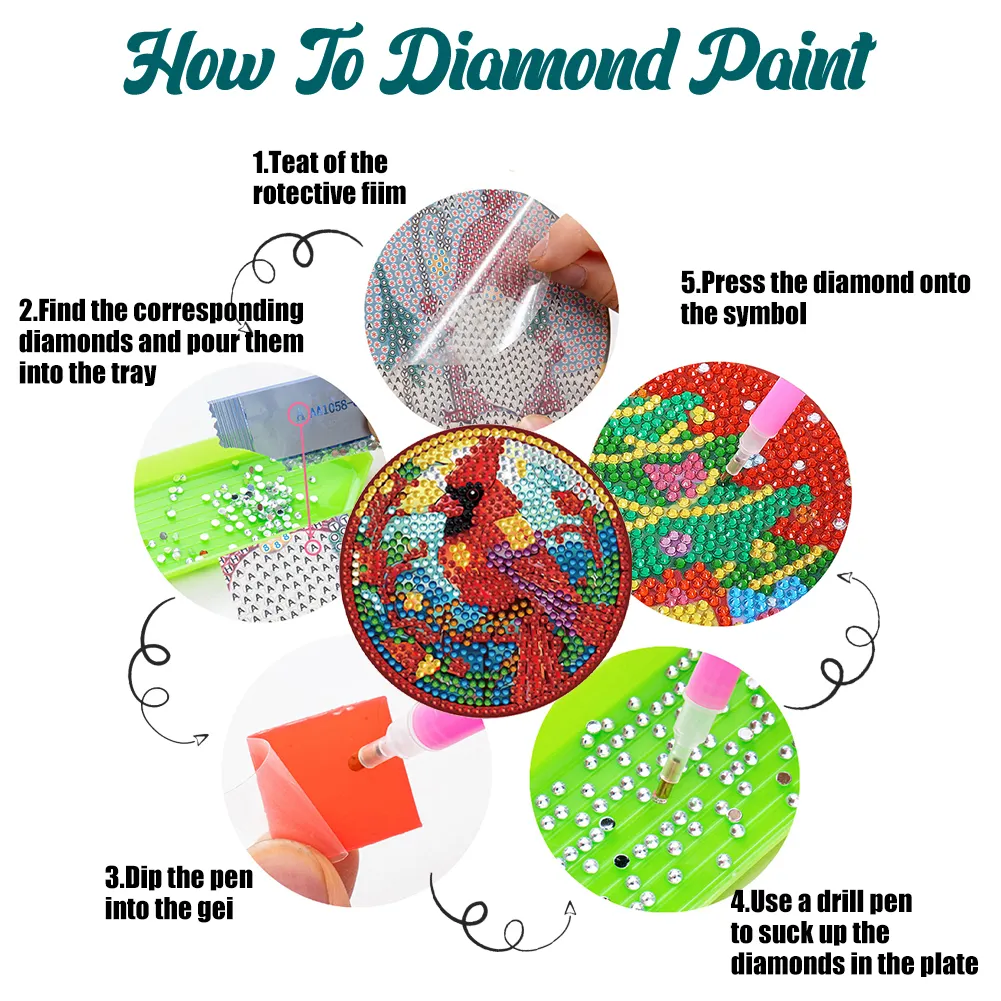 8pcs DIY Stained Glass Cardinal Diamond Painting Coasters Kits Acrylic Full Drill Coaster Single Side Diamond