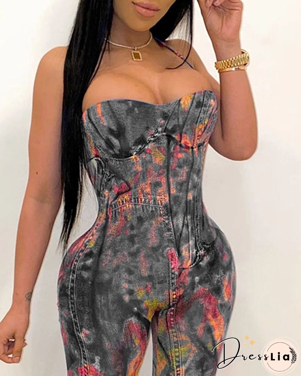 Tie Dye Sleeveless Slim Strappy Jumpsuit