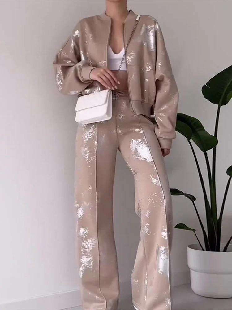 Solid Color Sequin Design Sweatshirt Set