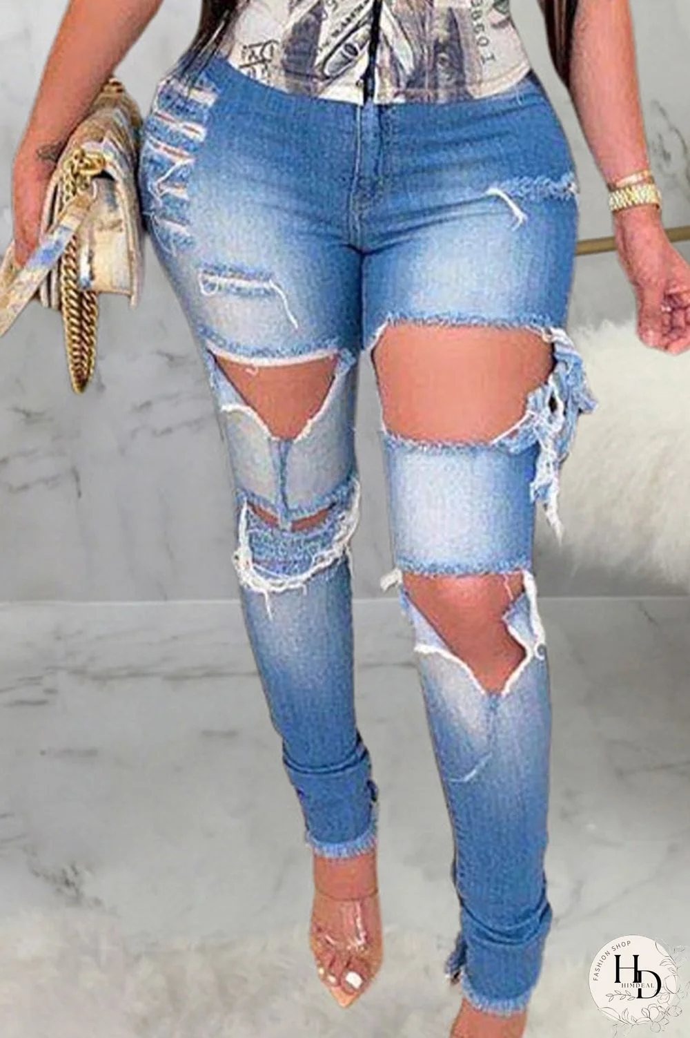 Dark Blue Sexy Solid Ripped High Waist Denim