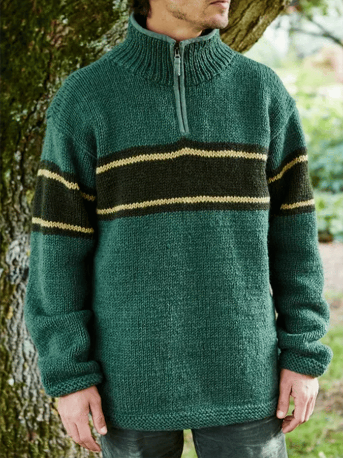 Men's Vintage Jacquard Contrast Striped Stand Collar Zipper Sweater