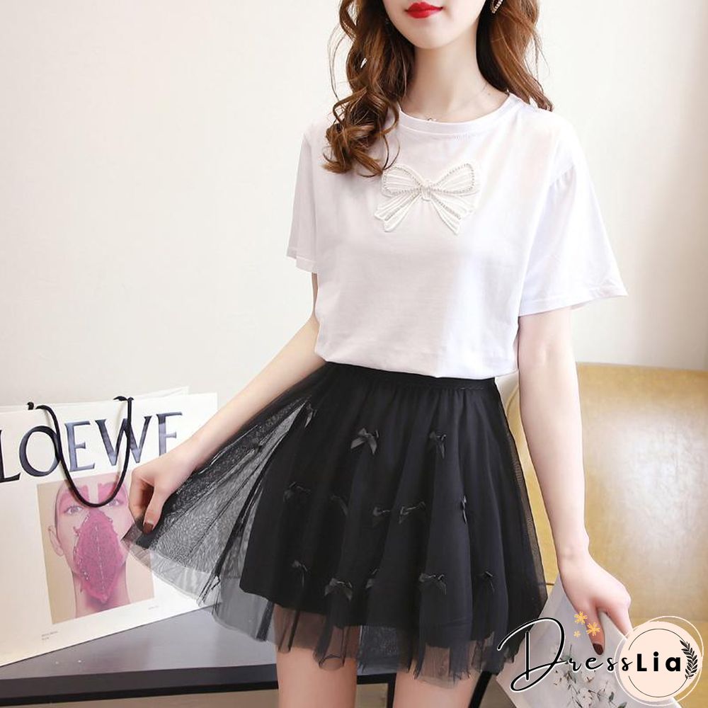 Sweet Bowknot Tee+Mesh Skirt P15738