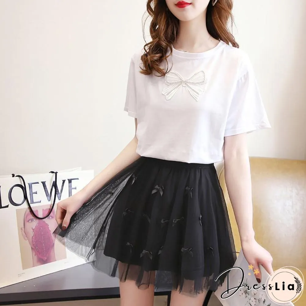 Sweet Bowknot Tee+Mesh Skirt P15738