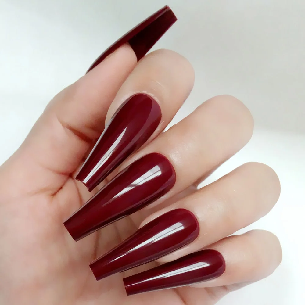 24Pcs Long Ballerina Coffin Nails Glossy Dark Brown Artificial False Finger Tips UV Gel Fake Nails For Design Manicure Tool