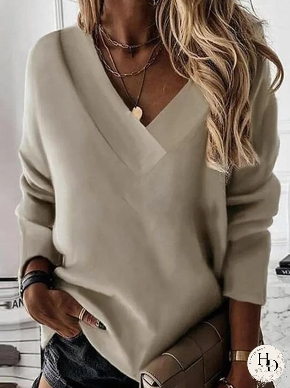 Solid V Neck Long Sleeve Casual Sweatshirts