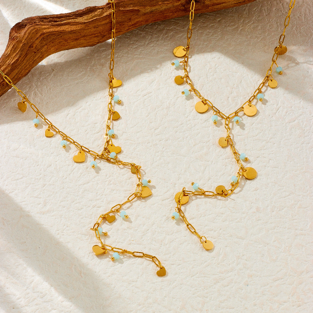 Small Design Versatile Simple Stainless Steel Diamond-Studded Love Disc Accessories Y-Shaped Long Tassel Necklace