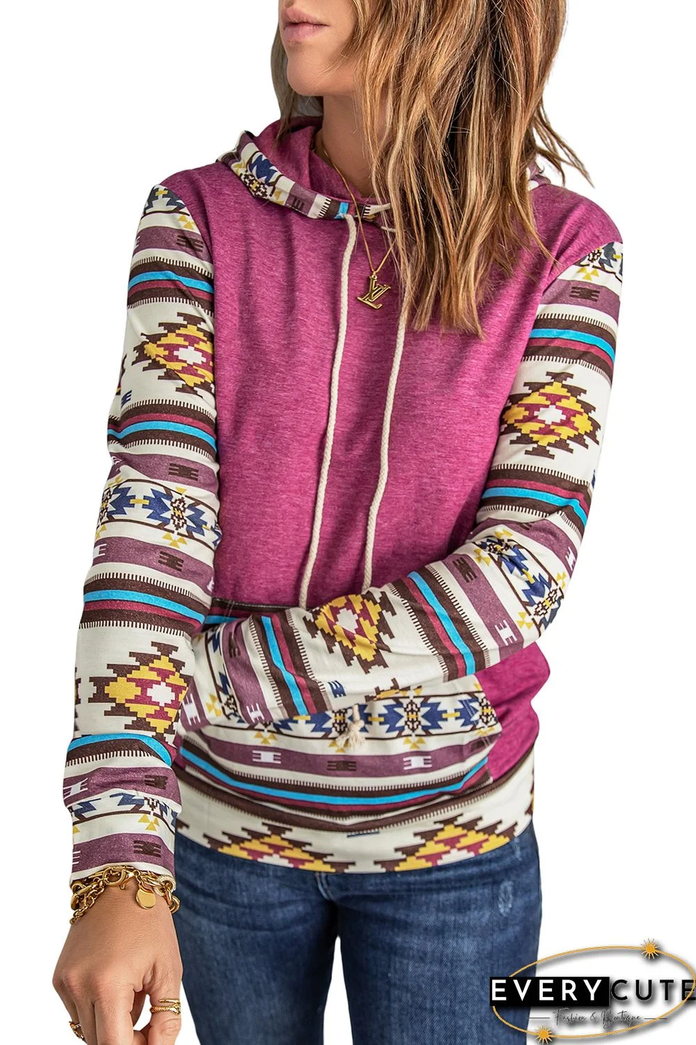 Red Aztec Print Patchwork Hoodie with Kangaroo Pocket