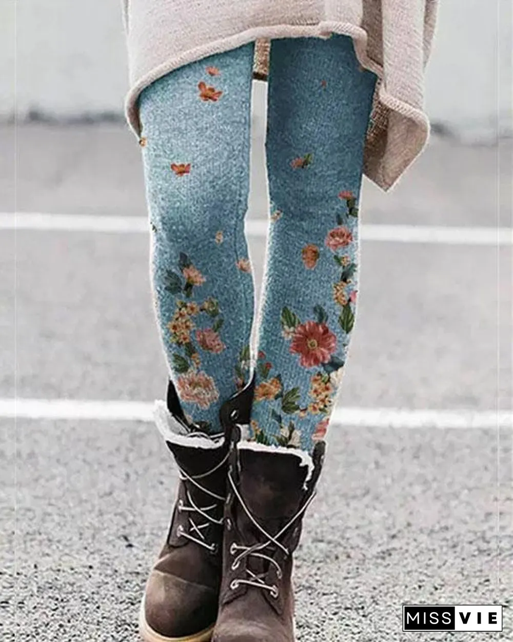 Stretchy Flower Print Leggings Casual Milk Fabric Pants