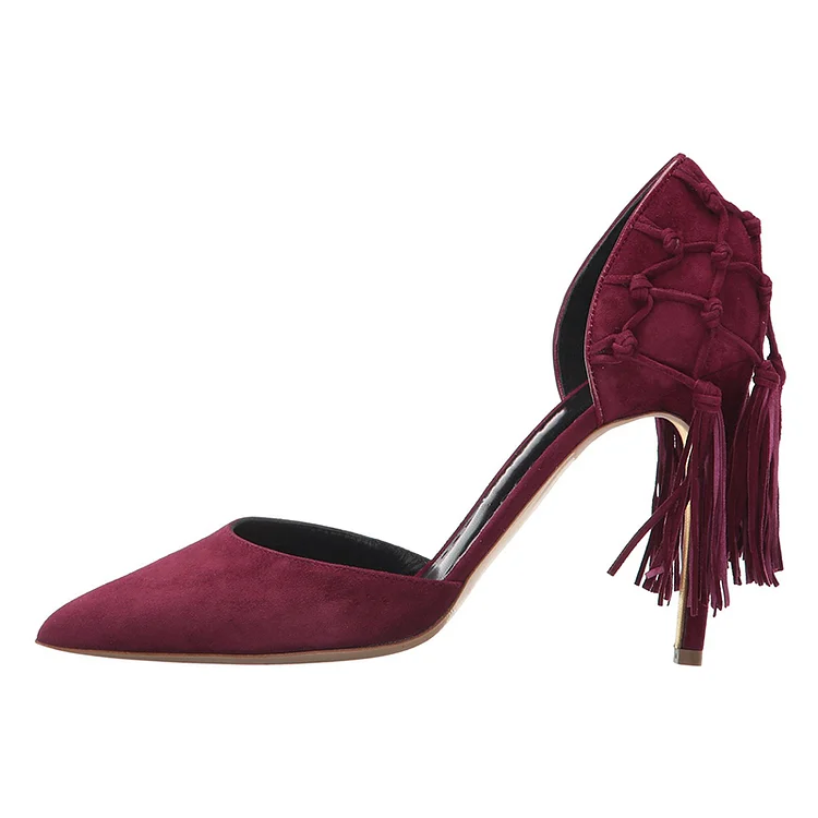 Burgundy Vegan Suede Fringe Stiletto Heels Dorsay Pumps |FSJ Shoes