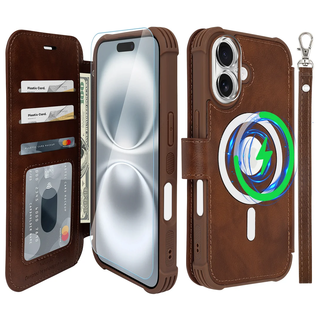 VANAVAGY Compatible for iPhone 16 Wallet Case for Magsafe Wireless Charging,Leather Flip Folio Wrist [Glass Screen Protectors & Camera Lens Protectors] with RFID Block Card Holder