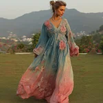 Women's Retro Bohemian Style Artistic Floral V-neck Long Dress. - Image 2