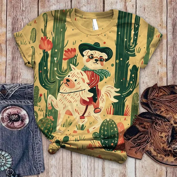 Funny And Cute Cartoon Western Style Dog Print Casual T-shirt