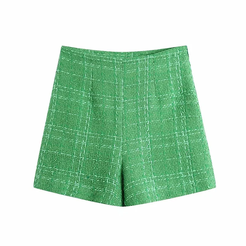TRAF Women Chic Fashion With Lining Tweed Shorts Vintage High Waist Back Zipper Female Short Pants Mujer