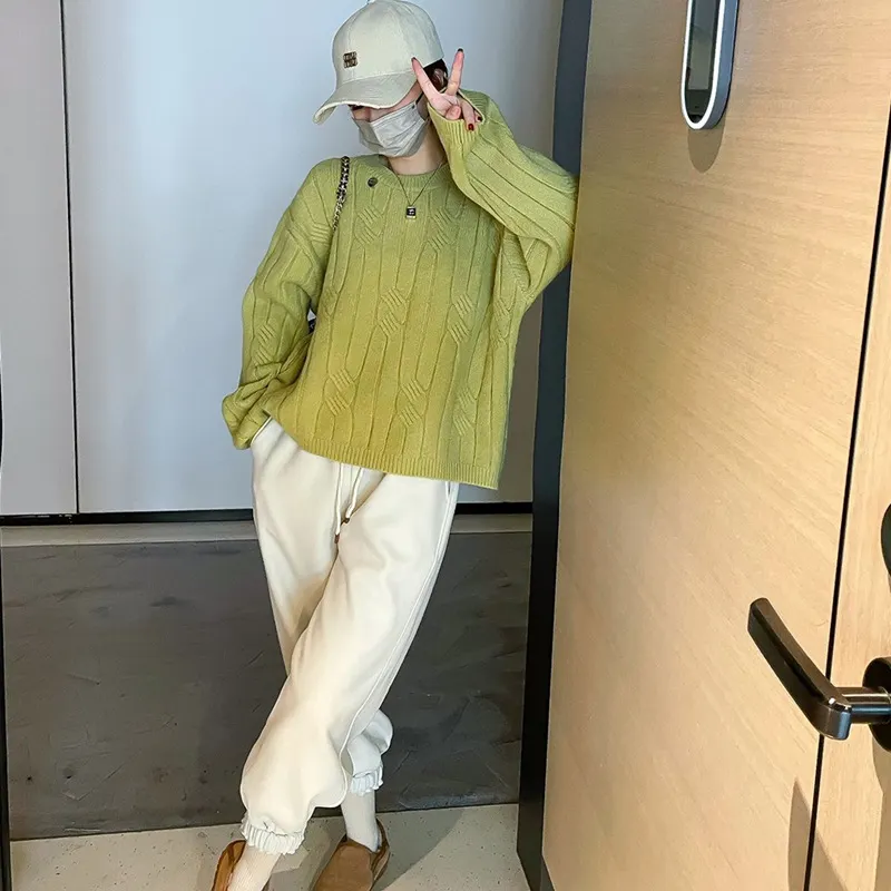 Churchf Churchf Feeling Languid Lazy Wind Twist Set Head Sweater Female Qiu Dong New Style Round Collar Loose Foreign Style All-Match Knit Sweater Jacket