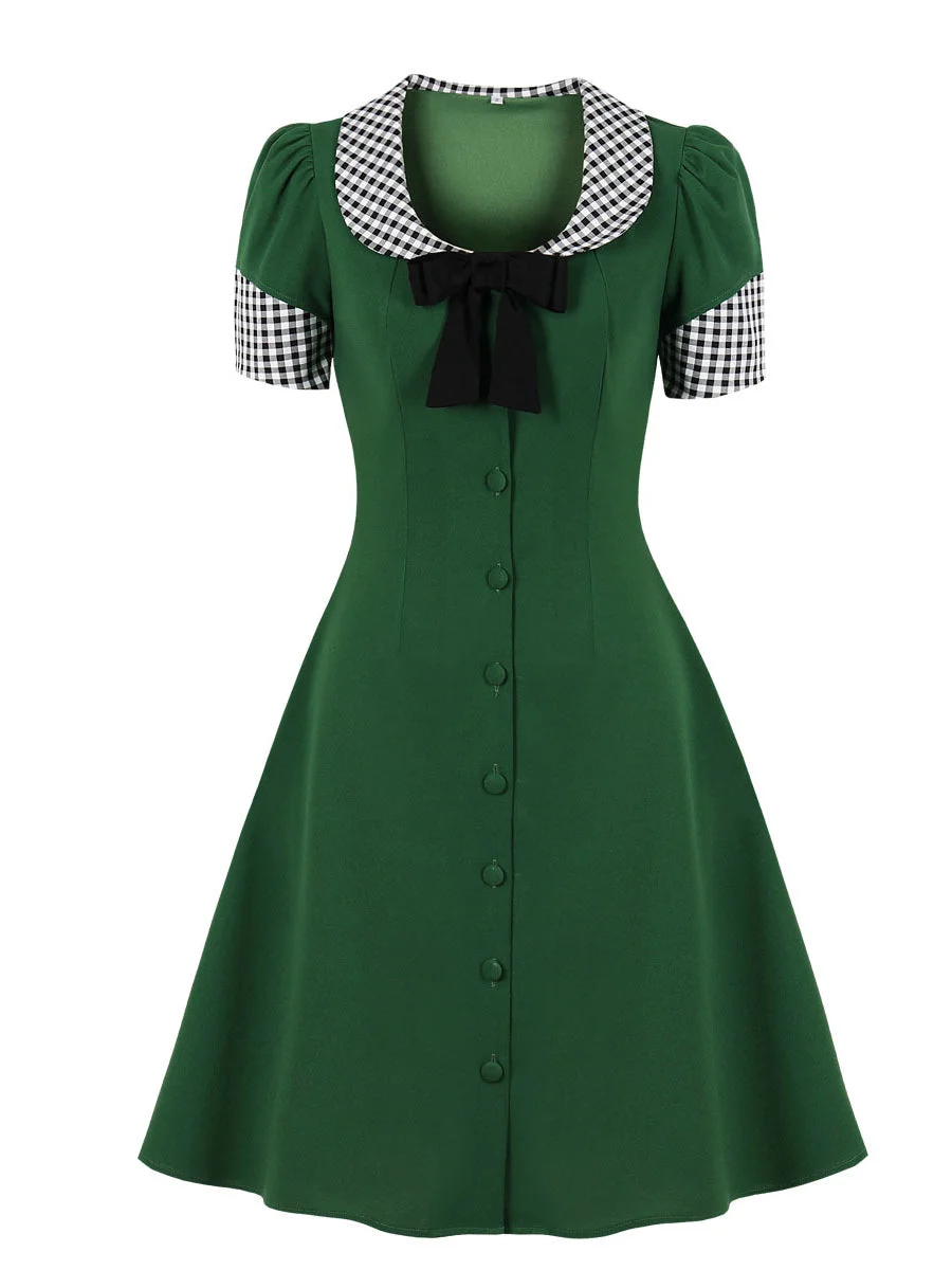 1950s Dresses Square Neck Bowknot Plaid Patchwork Aline Midi Dress