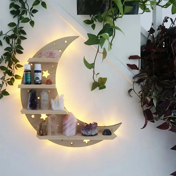 Olivenorma Crescent Moon Light Wood Crystal Shelf