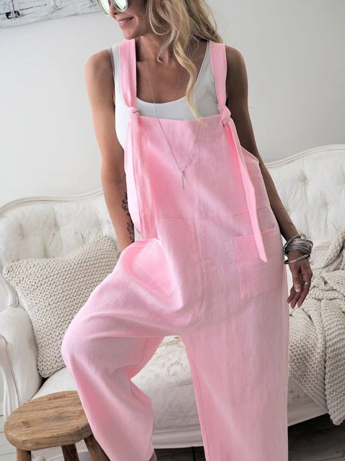 Women's Casual Multi Pocket Cotton Linen Suspender Pants