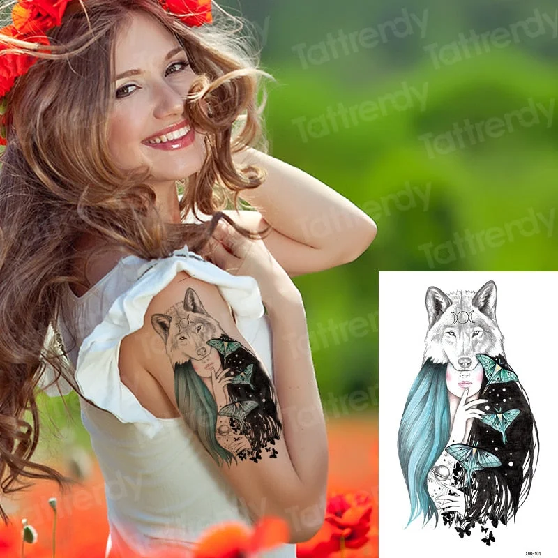 Temporary Tattoo Sticker Forest Moon Bird Bear animal Tattoos Waterproof Leopard Wolf Tiger Body Art Arm flower Fake Tattoo Men