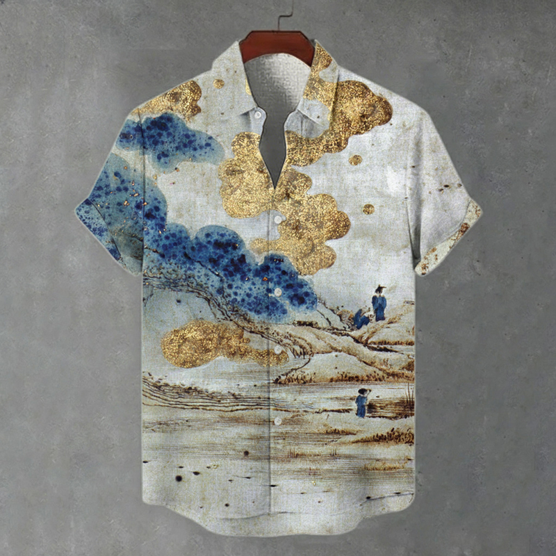 Men's Japanese Art Print Linen Short-sleeve Shirt  artssus
