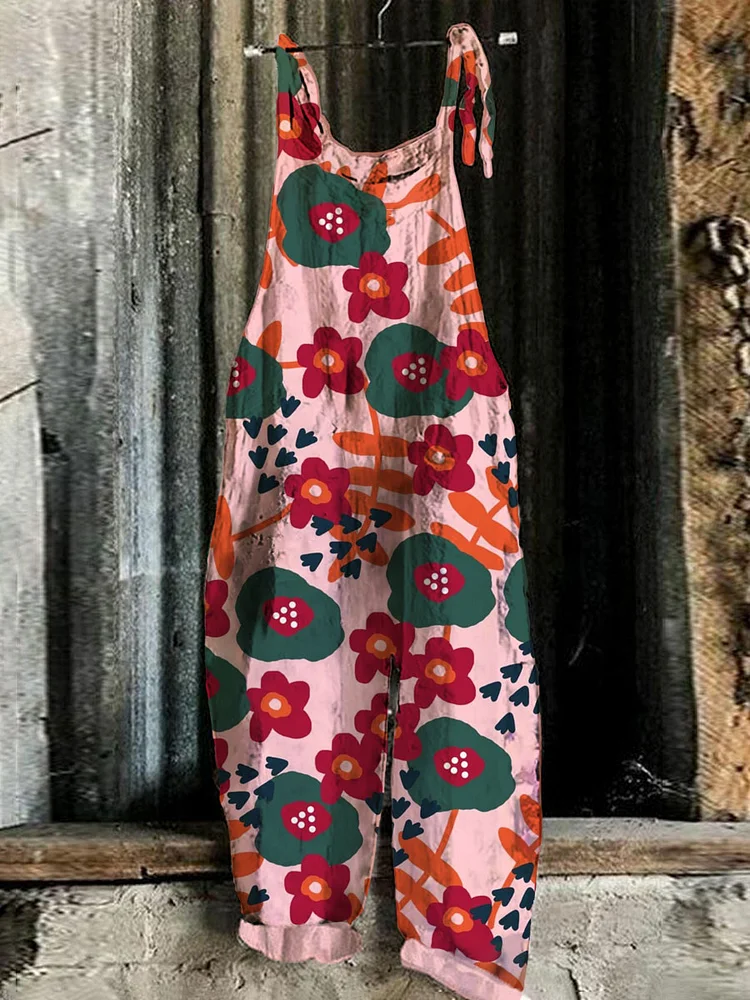 Pink Large Flower Print Casual Jumpsuit