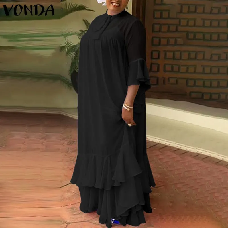 Women Solid Sleeveless Maxi Dress VONDA 2022 Summer Bow Neck Flare Sleeve Pleated Ruffled Long Party Sundress Bohemian Vestidos