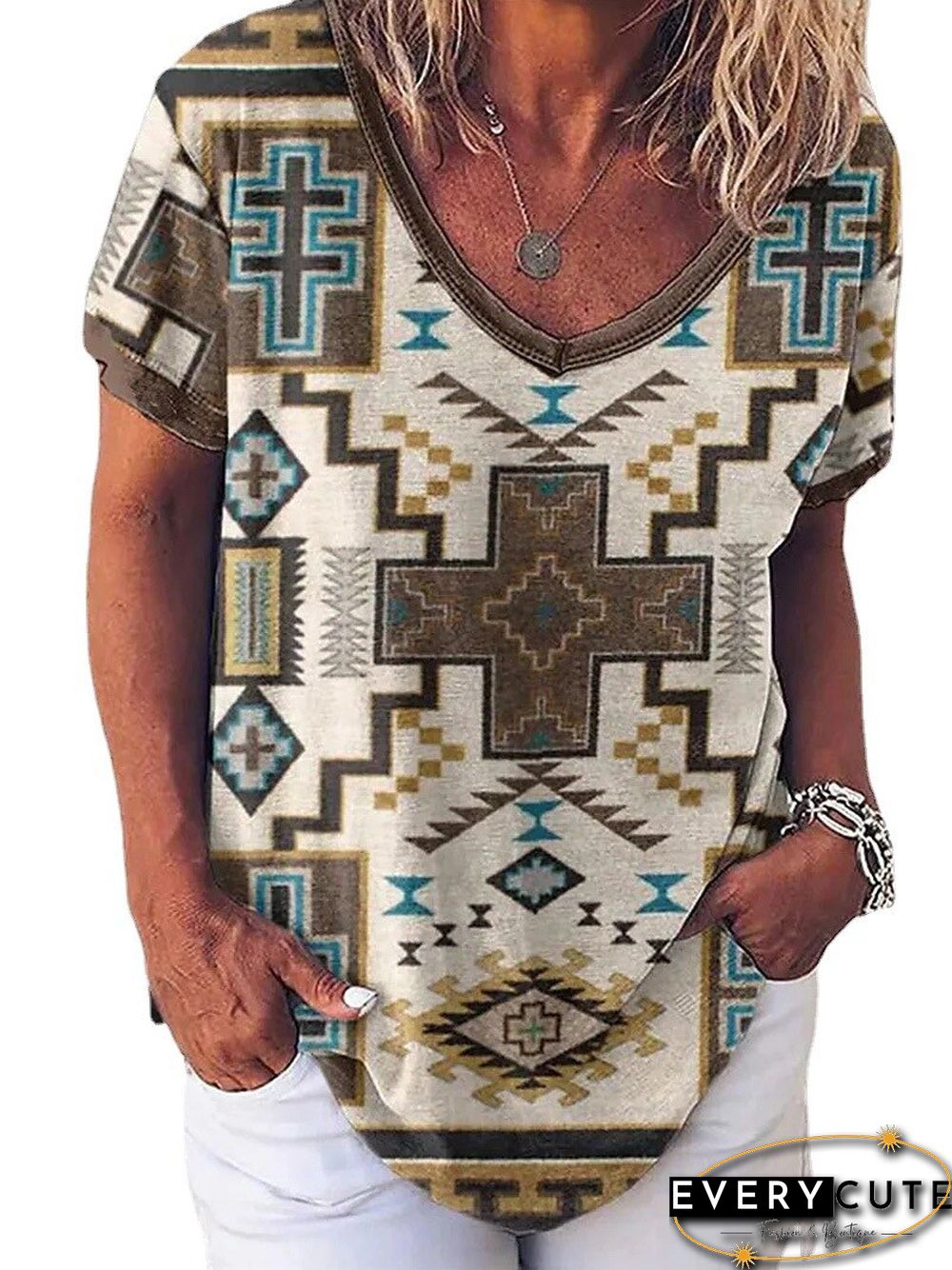 Harajuku T Shirt Women Spring/Summer New Fall Flower Mang Plant Print Short Sleeve V-Neck T-Shirt Tops