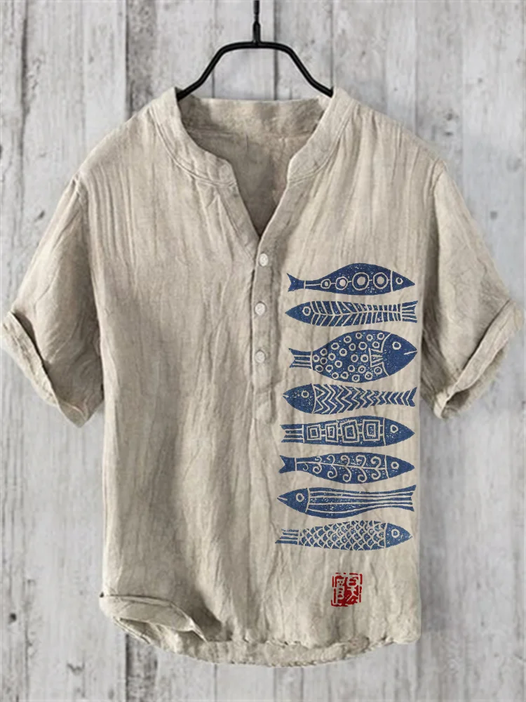 Fish Japanese Lino Art Vintage Linen Blend Shirt