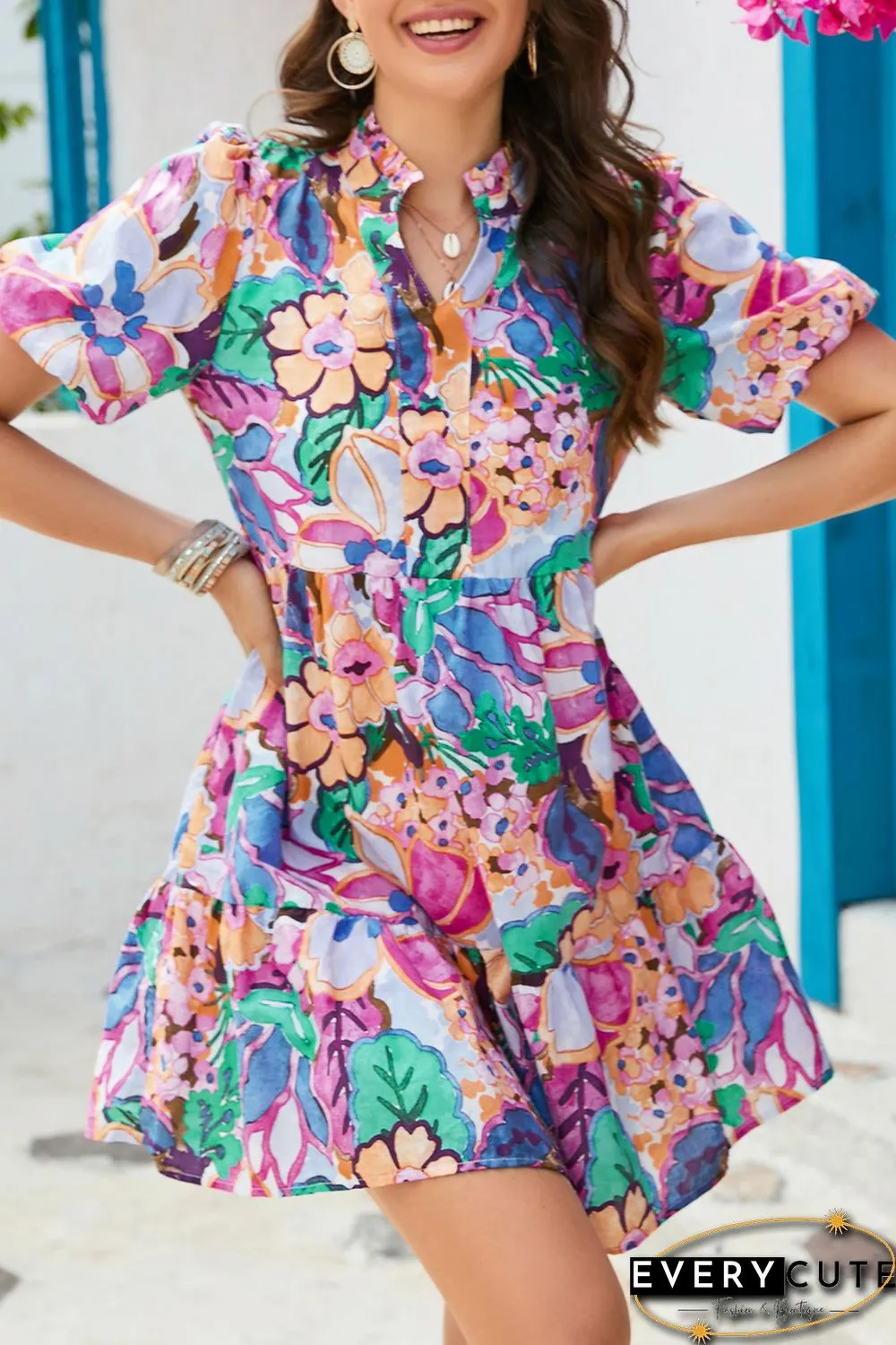 Multicolor Floral Print V Neck Puff Sleeve Mini Dress