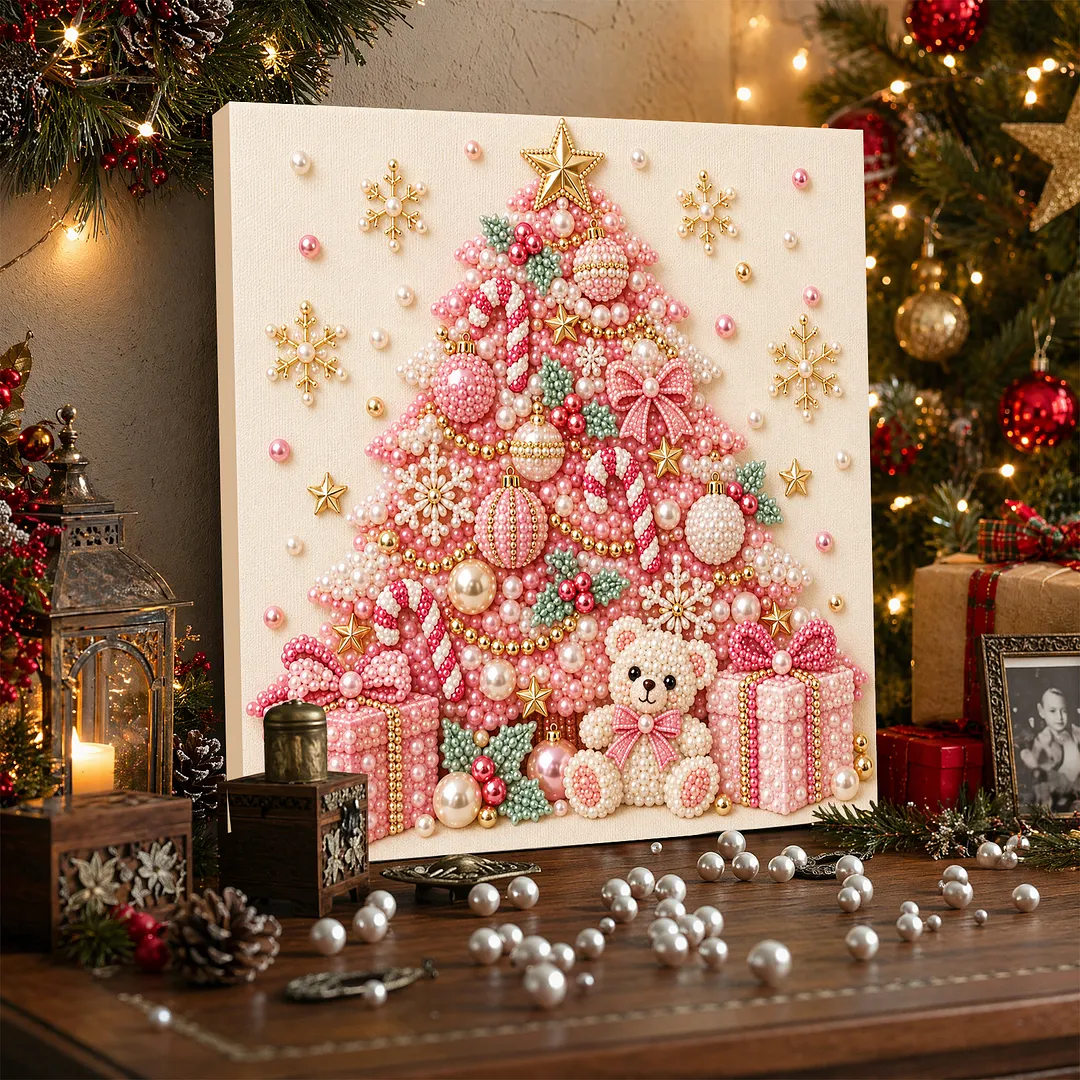 Framed Pearl Painting Kit Pink Christmas Tree 7.87x7.87in