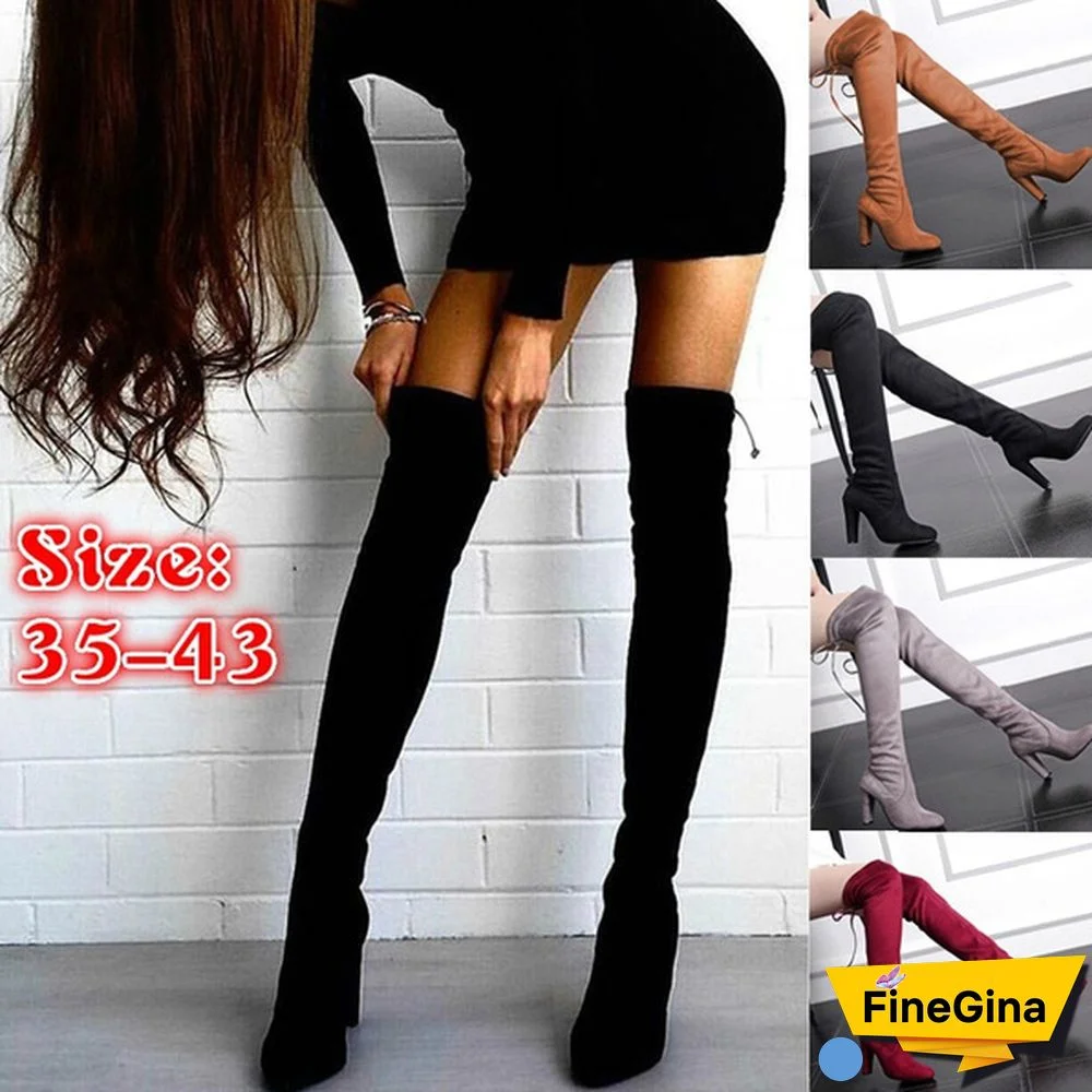 Fashion Women's Over Knee High Boots Lace Up Stretch Slim Thigh High Heels Long Boots Shoes