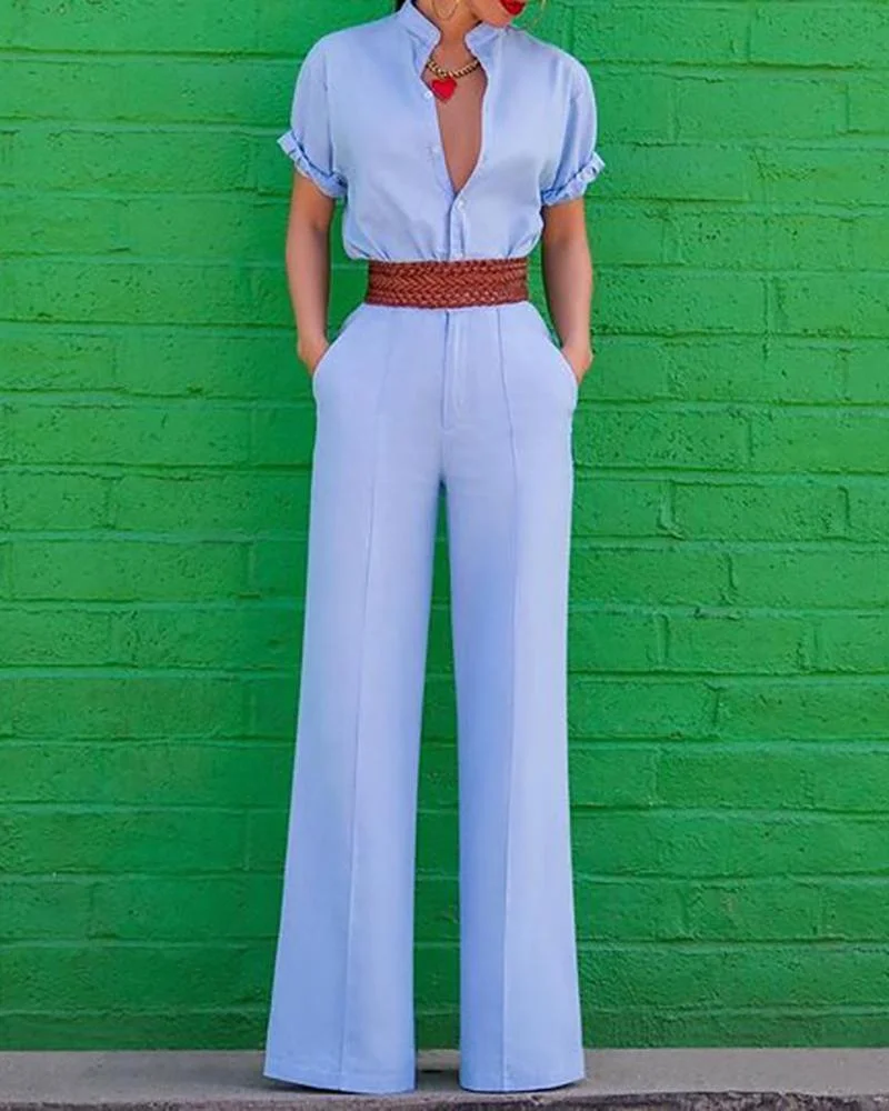 V-Neck Short Sleeve Solid Color Jumpsuit
