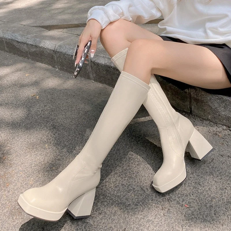 Women Genuine Leather Knee High Boots Platform Thick Heel Shoes Square Toe High Heel Zipper Ladies Boots Autumn Winter