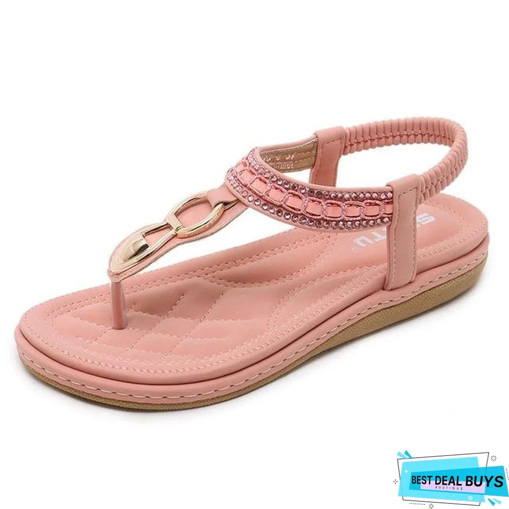 Women String Bead Flip Flop Metal Decoration Wedge Beach Sandals
