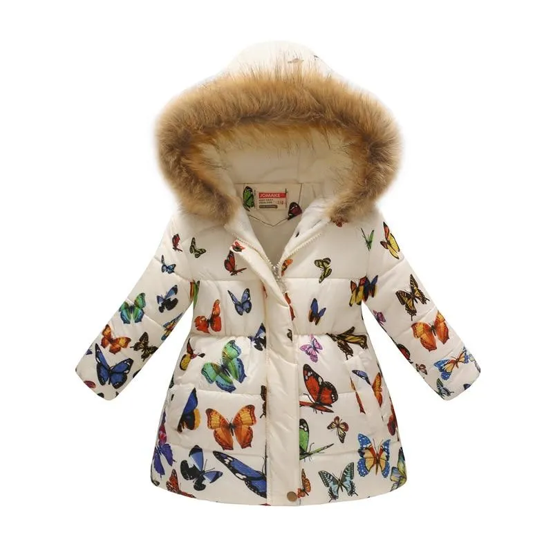 Thicken Winter Girls Jackets Fashion Printed Hooded Outerwear For Kids Internal Plus Velvet Warm Girls Coats Christmas Present