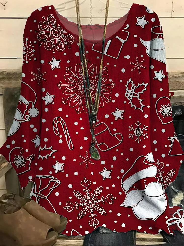 Women's Red Christmas Santa Claus Snowflake Printed Half Sleeve T-Shirt