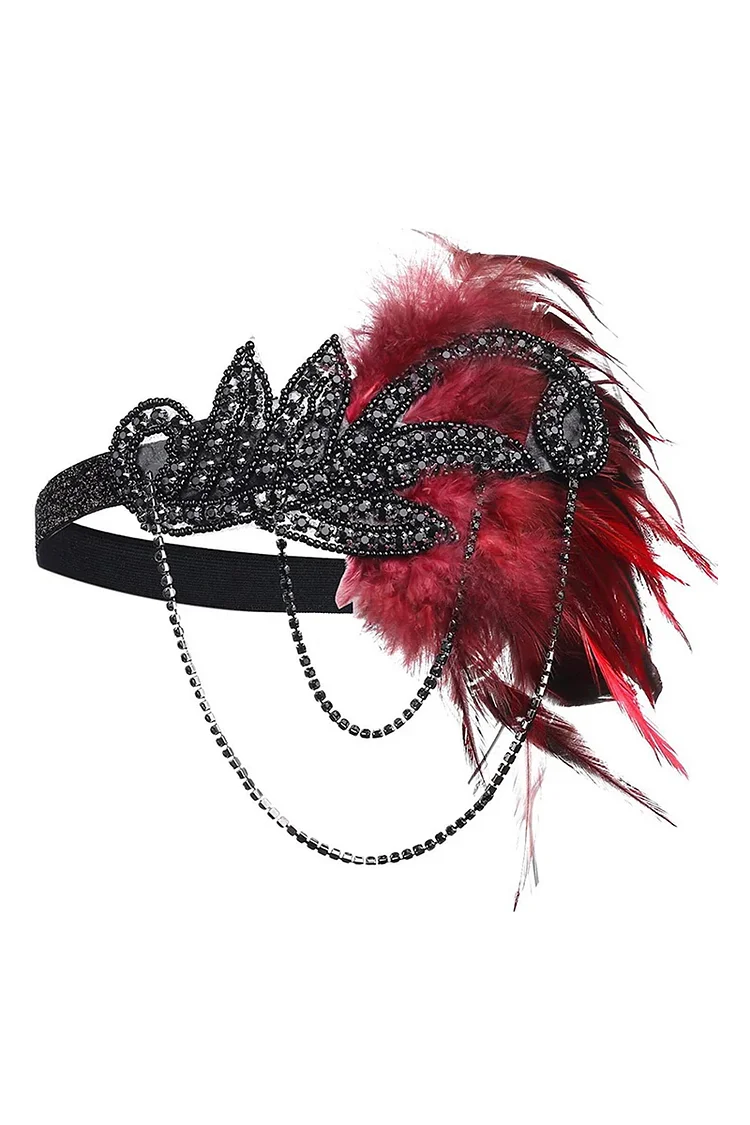 1920s Flapper Black Red Pearl Feather Headwear Set