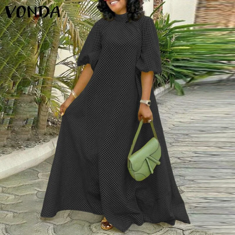 Summer Baggy Dress VONDA Women Casual O Neck Half Sleeve See Through Long Maxi Dresses Femme Pleated Puff Sleeve Beach Sundress