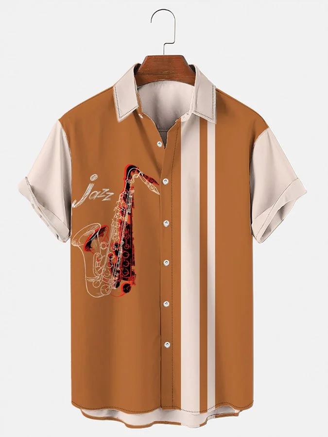 Men's Vintage Jazz Instrument Print Striped Short Sleeve Hawaiian Shirt