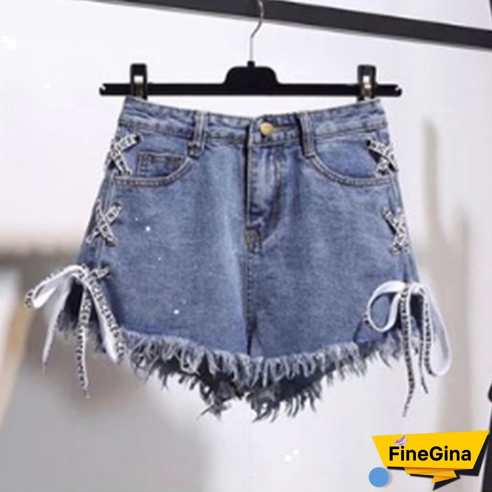 Women Fashion Raw-strap High-waist Denim Shorts with Loose Skinny Plus Size Pants