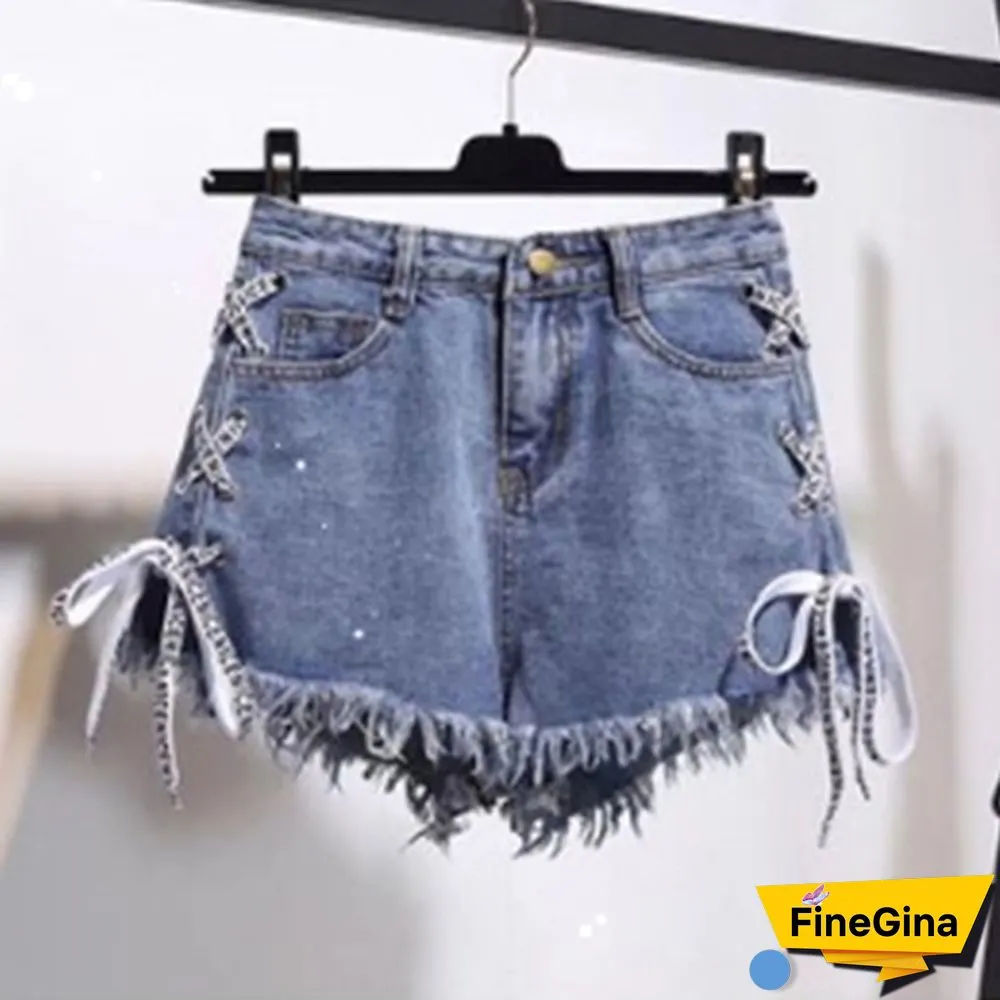 Women Fashion Raw-strap High-waist Denim Shorts with Loose Skinny Plus Size Pants