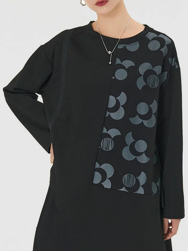 Art Black Round-neck Flower Print Long Sleeve Asymmetric Hem T-Shirt
