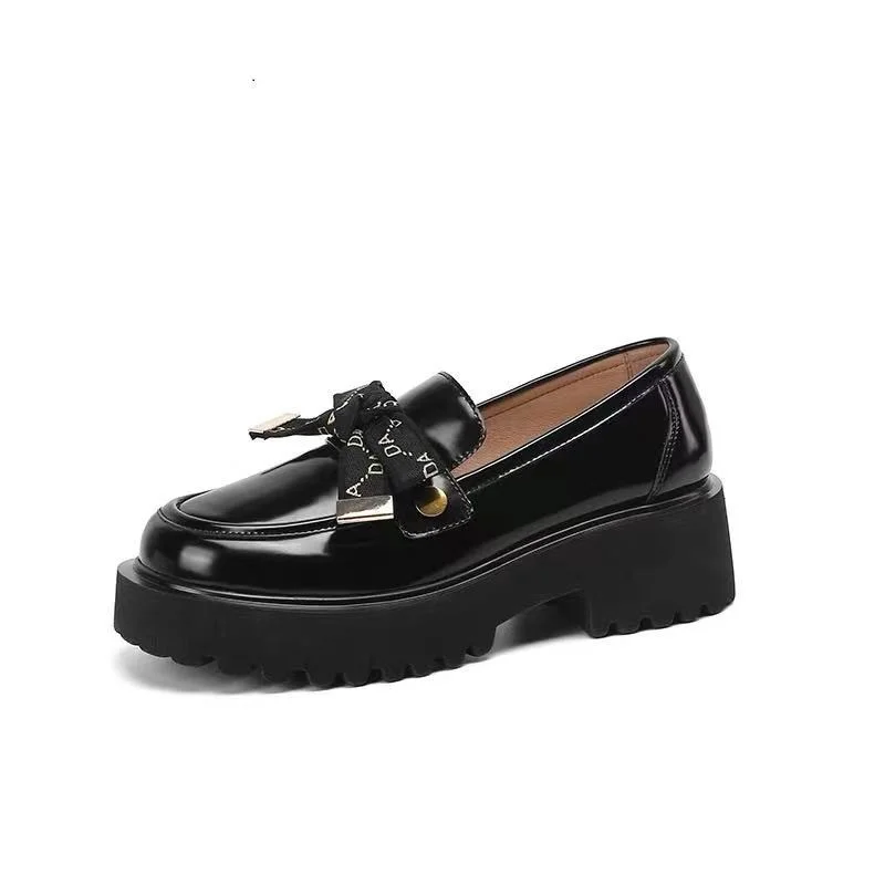 Female British Style Small Leather Shoes Thick Sole Love Bow-PABIUYOU- Women's Fashion Leader